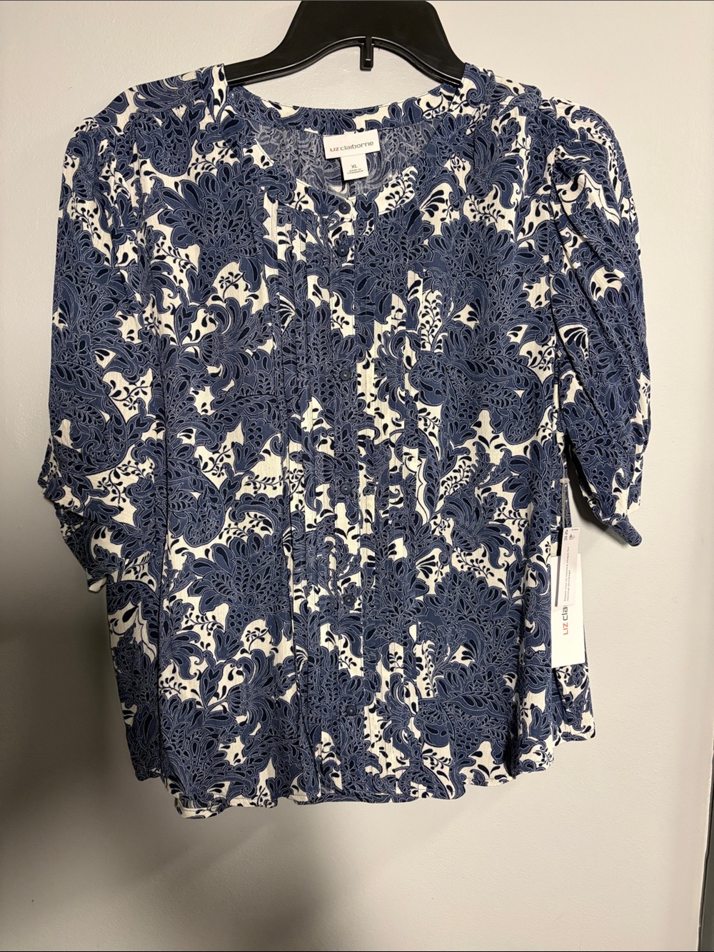 Liz Claiborne Navy & White Floral-Print Puff Sleeve Blouse